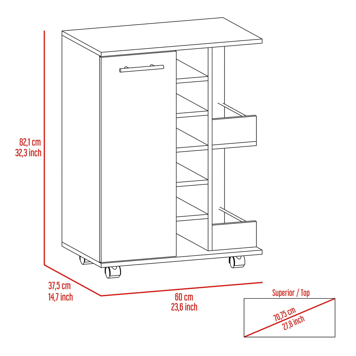 Espresso Bar Cart - 6 Bottle Storage, Two Shelves