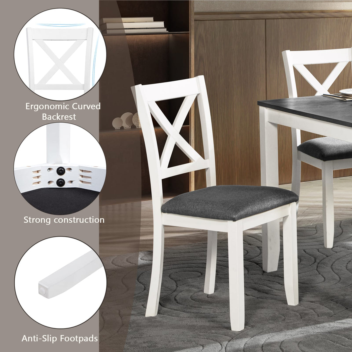 6-Person Rectangular Dining Table Set with Chairs - White+Gray