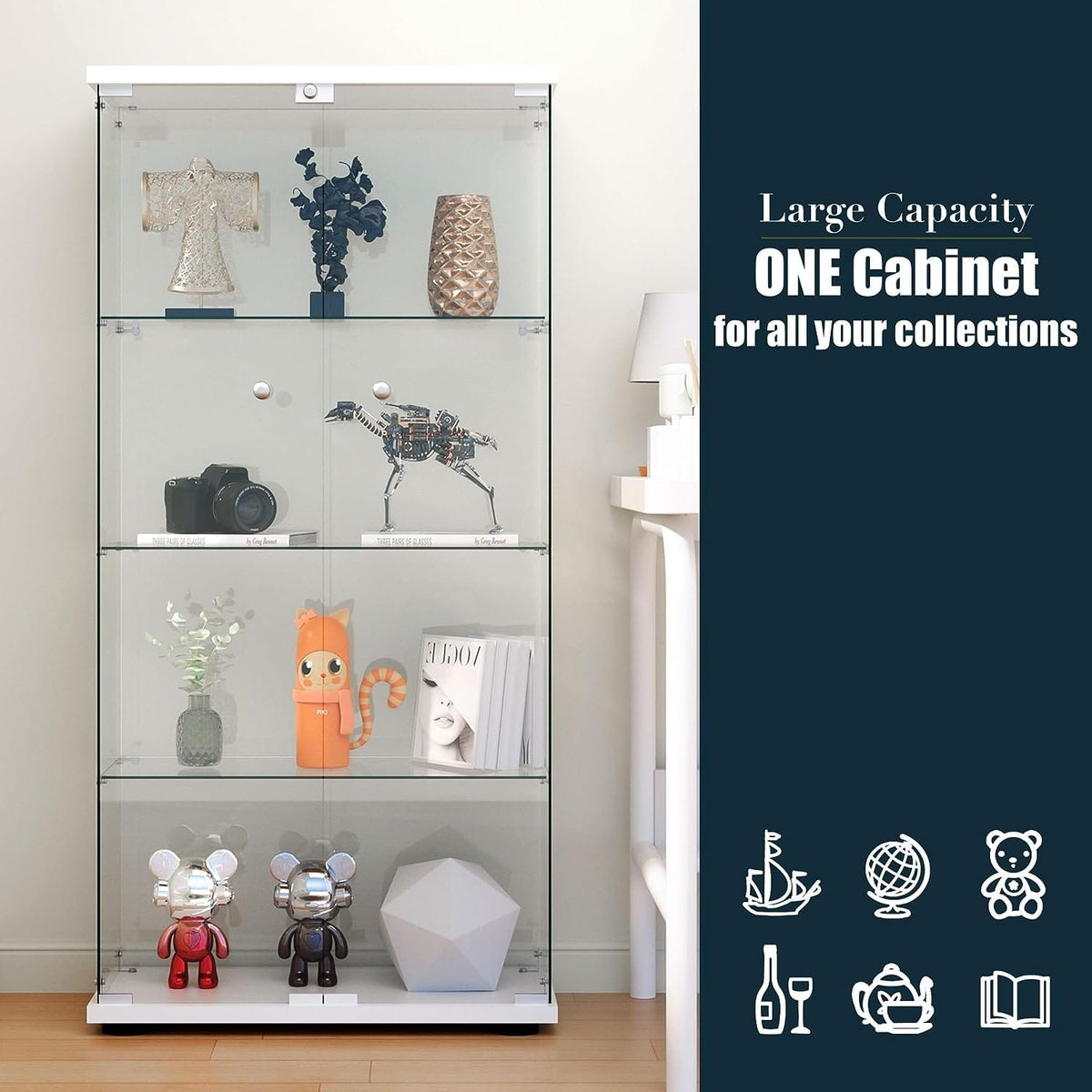 Glass Display Cabinet - 4 Shelves, LED Lights & Lockable Storage
