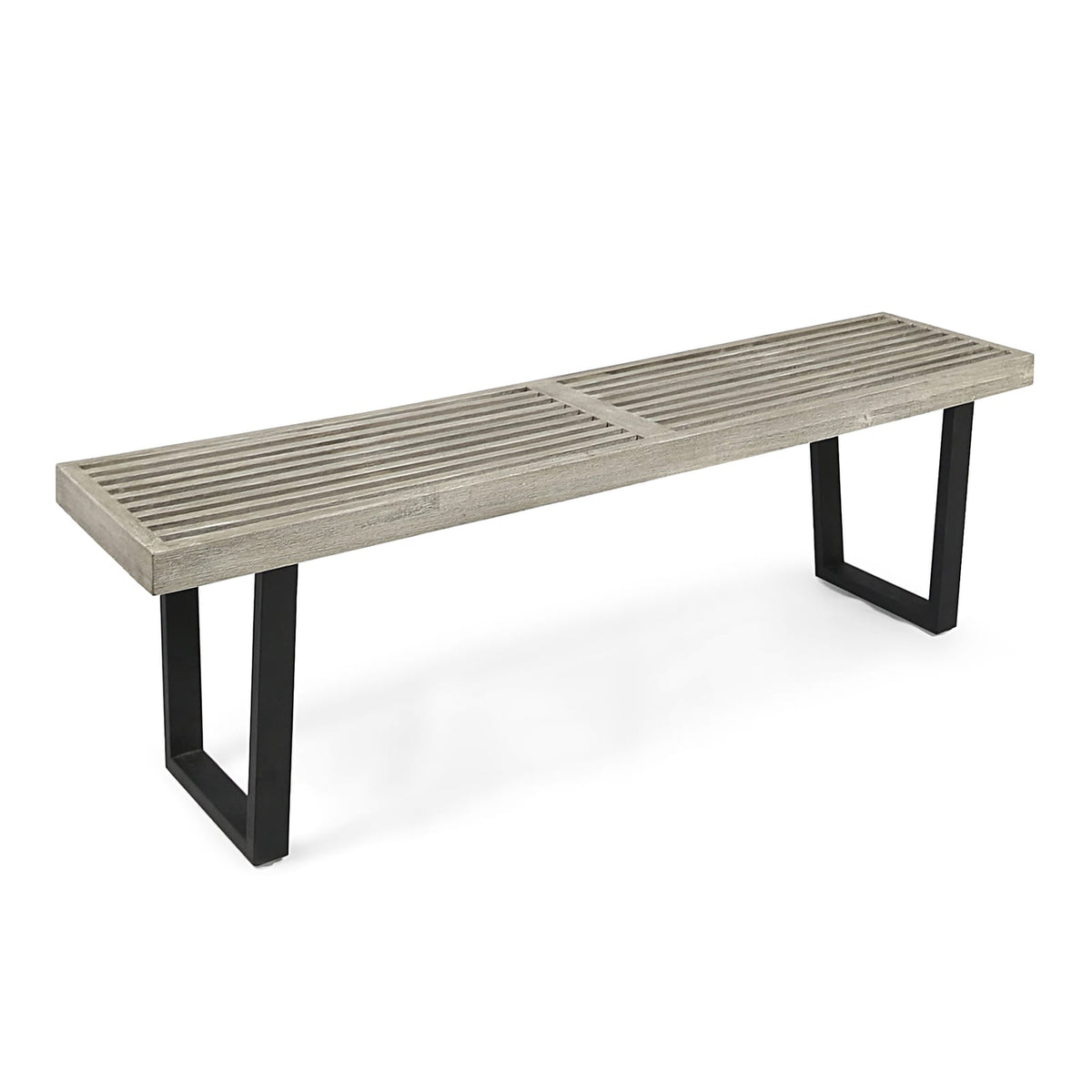 Metal/Solid Wood Outdoor Bench - Acacia Wood, Black & Gray
