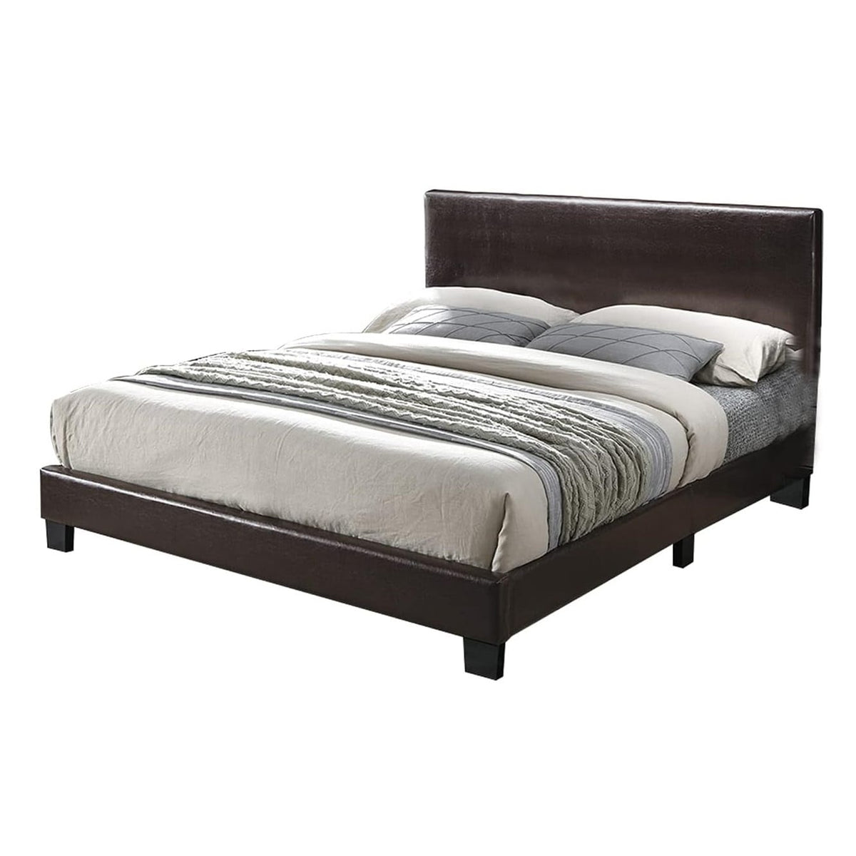Modern Brown Queen Size Bed Faux Leather Upholstered Headboard