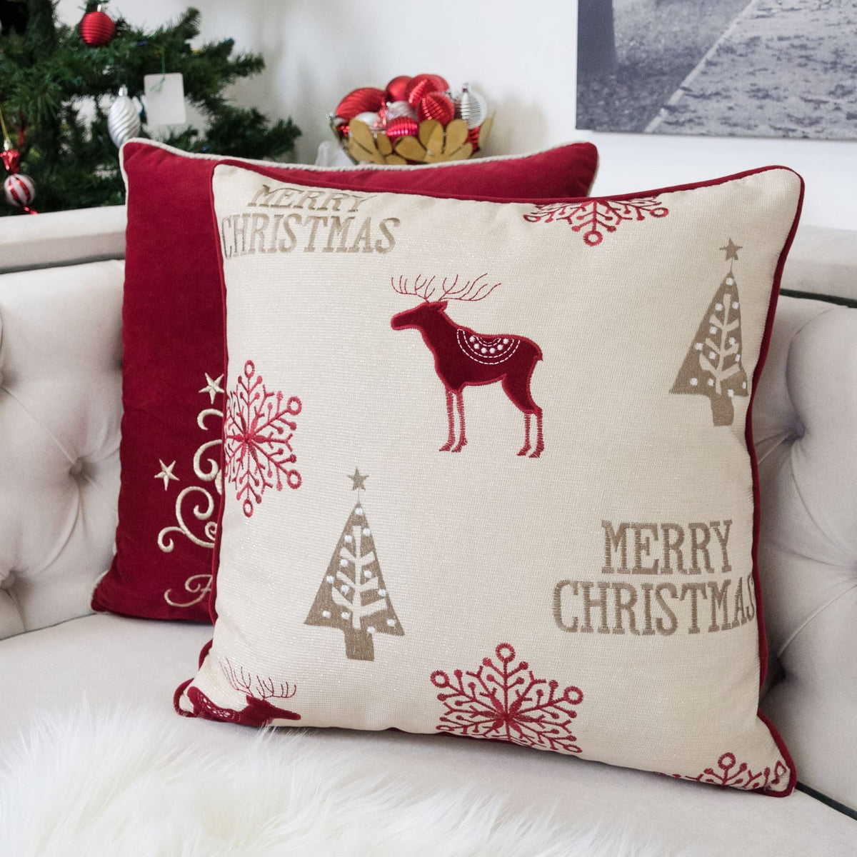 Red Polyester Merry Christmas Throw Pillow 20x20 Inch