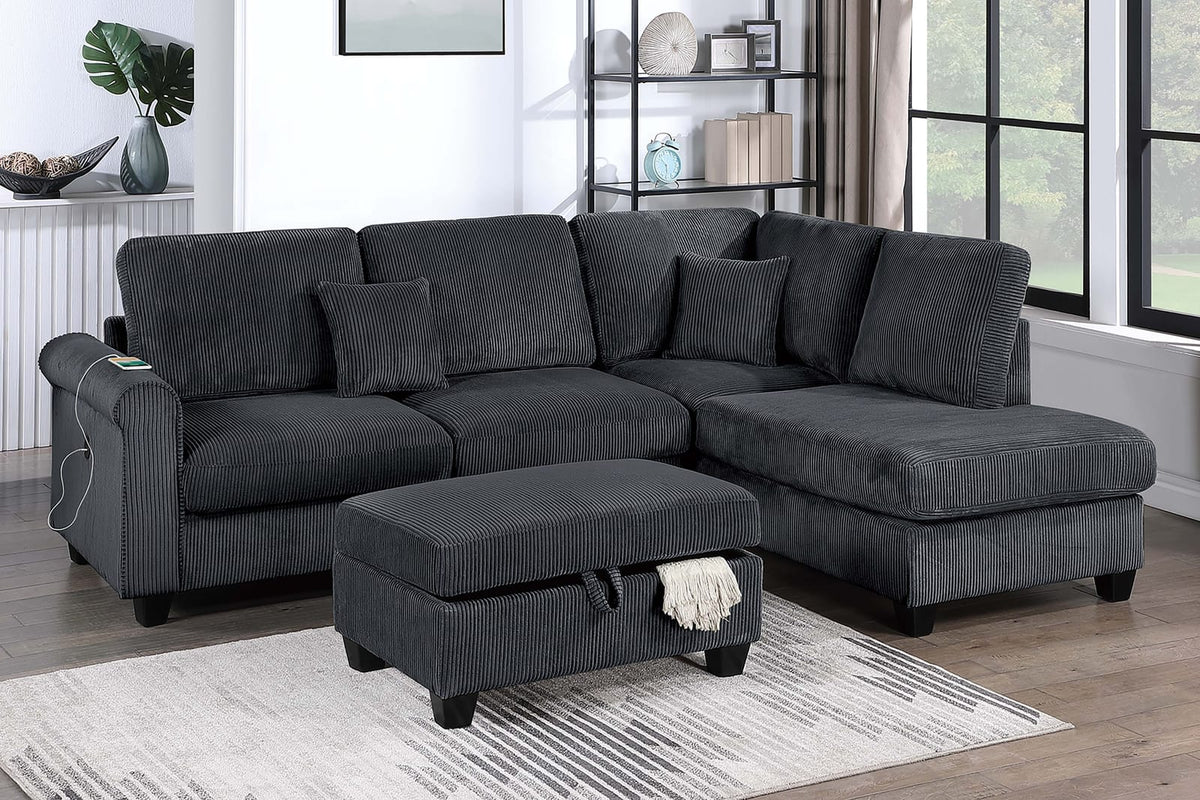 Black Corduroy 3 Seat Sectional Sofa with Storage Ottoman for Living Room