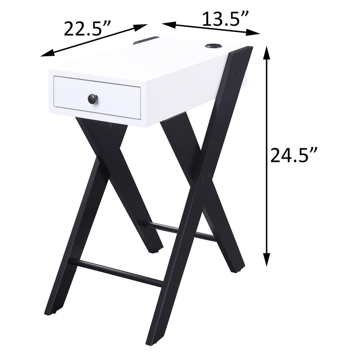 White & Black Side Table with USB Ports - Storage Included for Living Room