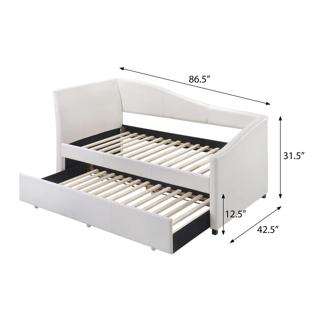 White Twin Faux Leather Daybed with Trundle for Guest Storage