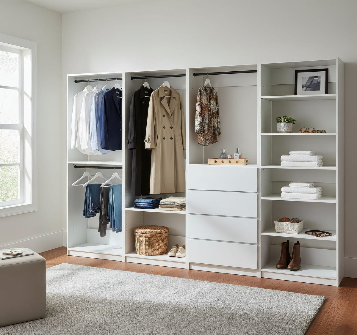 White Wood Walk-In Closet System - 5 Modular Units for Bedroom