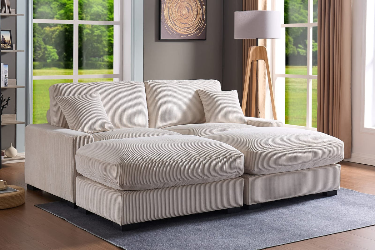 Cream Corduroy 4 Seat Sectional Sofa - Oversized Modular Couch for Living Room