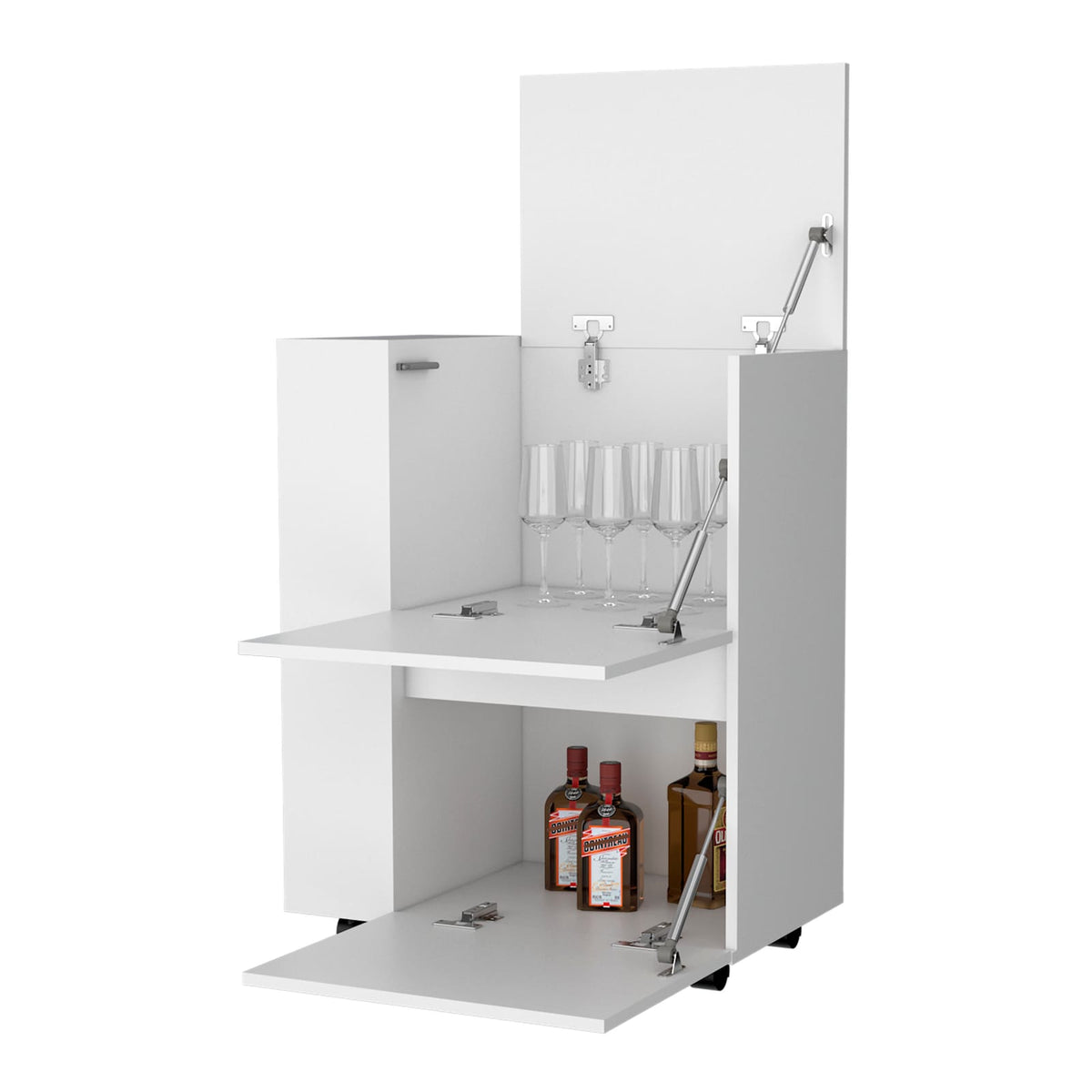 Modern White Wine Rack with 2 Cabinets & Wheels