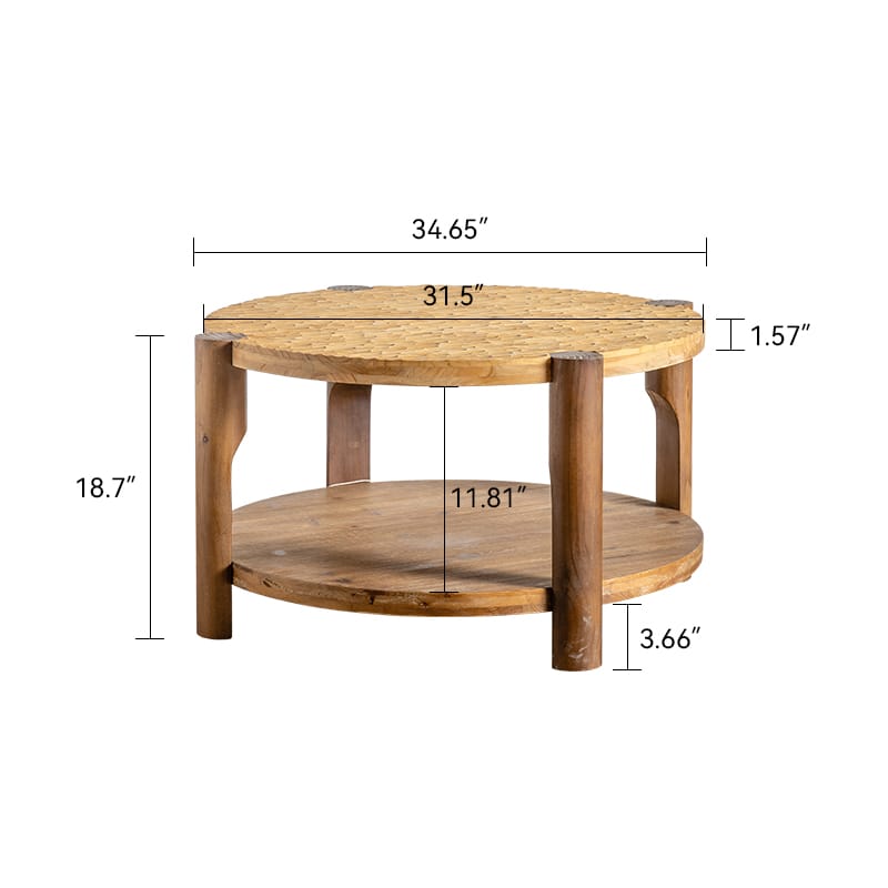Round Coffee Table - Natural Wood Storage Shelf | 34.65"