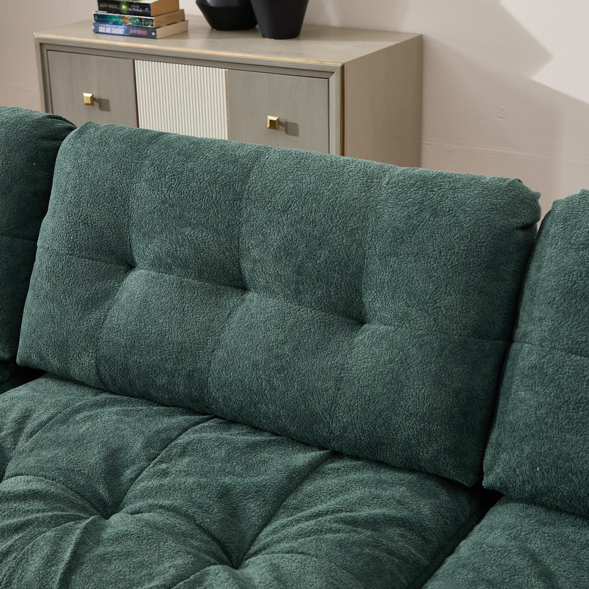 5 Seat Green Wood Sectional Sofa - Modular Couch for Living Room