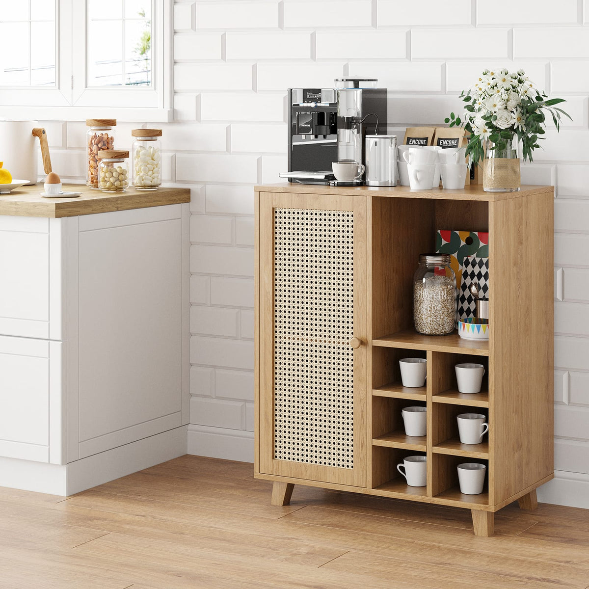 34 Inch Rattan Sideboard Cabinet with Wine Racks