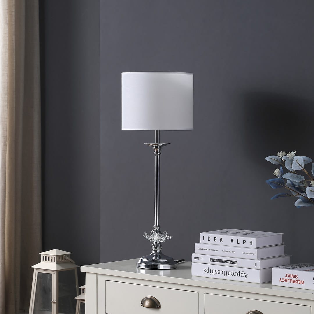 White Metal Table Lamp - Crystal Floral Shade