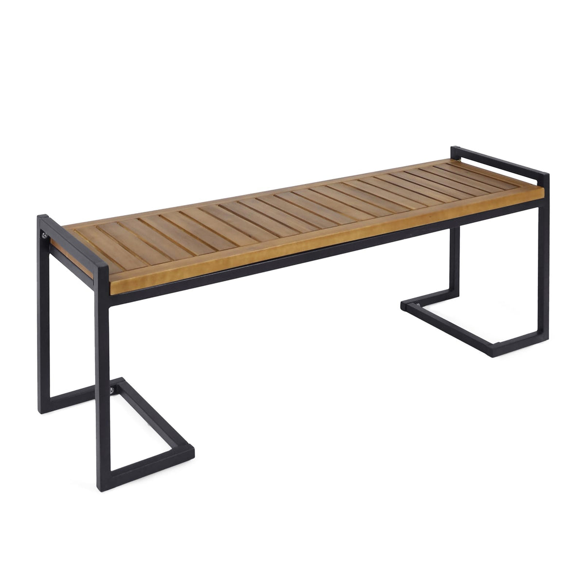 Teak Acacia Wood Patio Bench with Iron Frame for Garden Seating