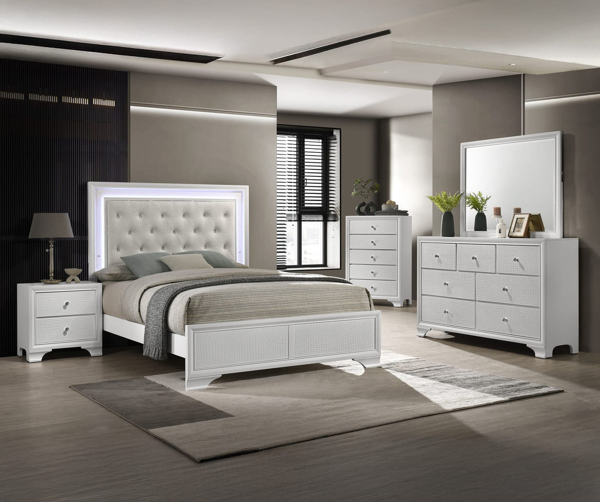 Modern White Upholstered Headboard Full Size Panel Bed for Bedroom