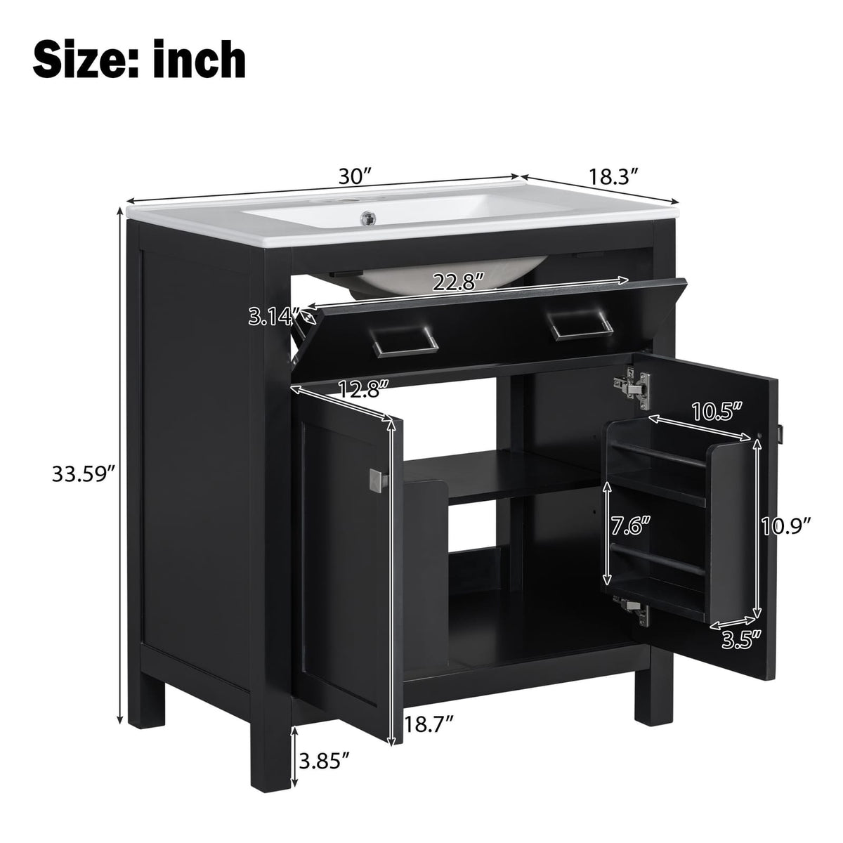 30" Black Bathroom Vanity with Ceramic Sink & Storage