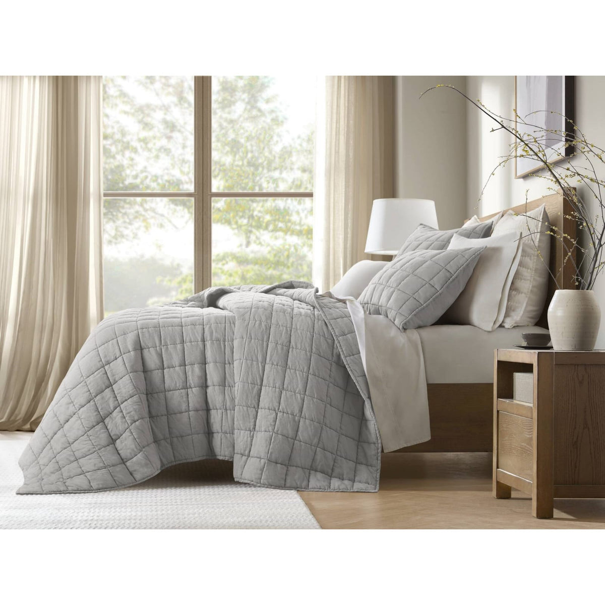 King Size Linen Quilt Set Gray for Bedrooms