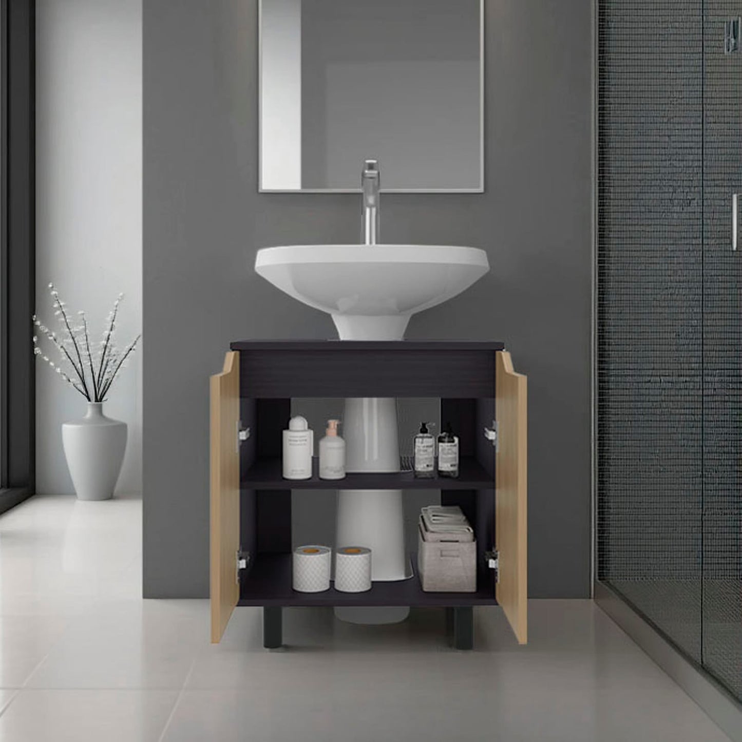 Multi-Colored Bathroom Vanity with Storage Shelves
