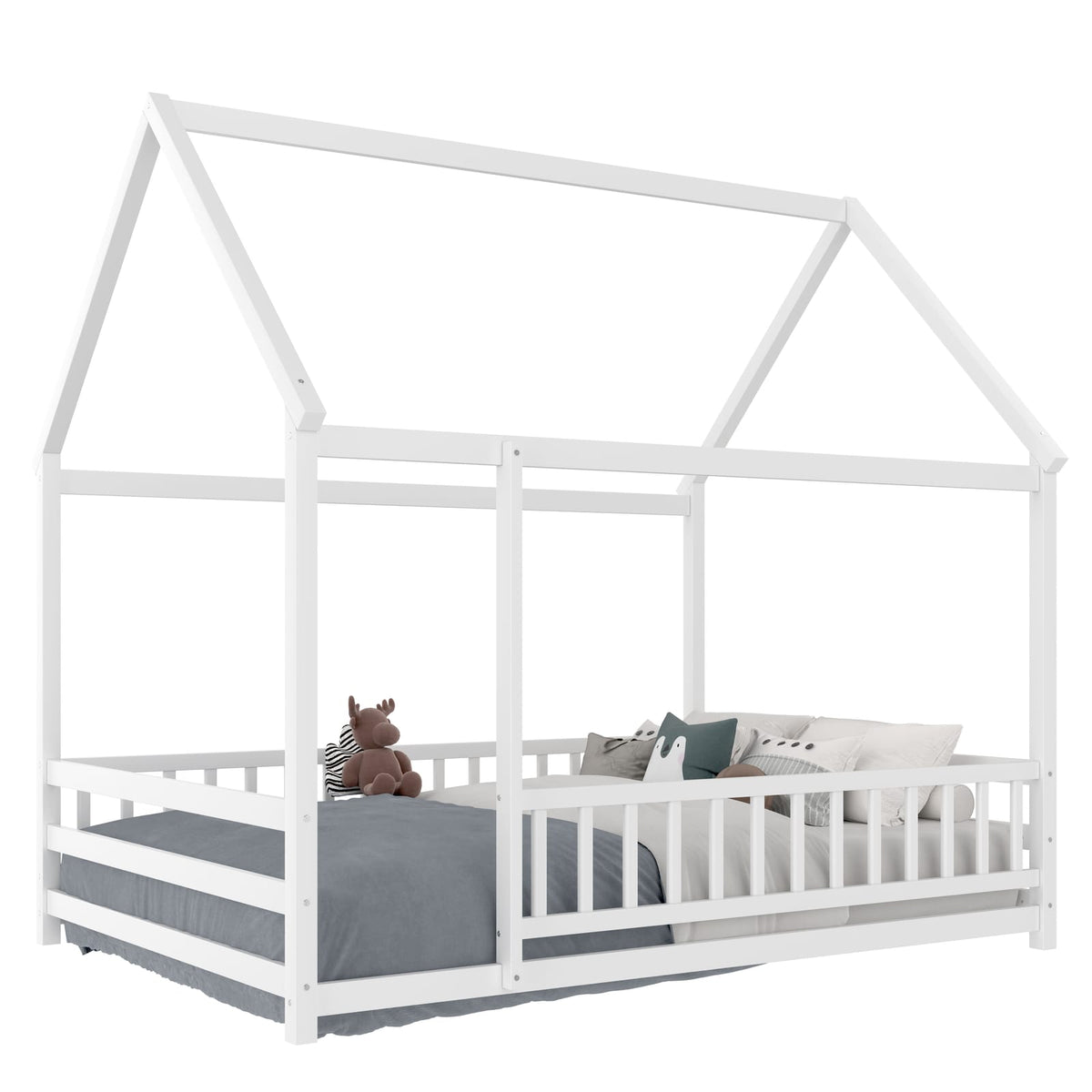 Full Size Wooden Bed Frame White with Roof House Design