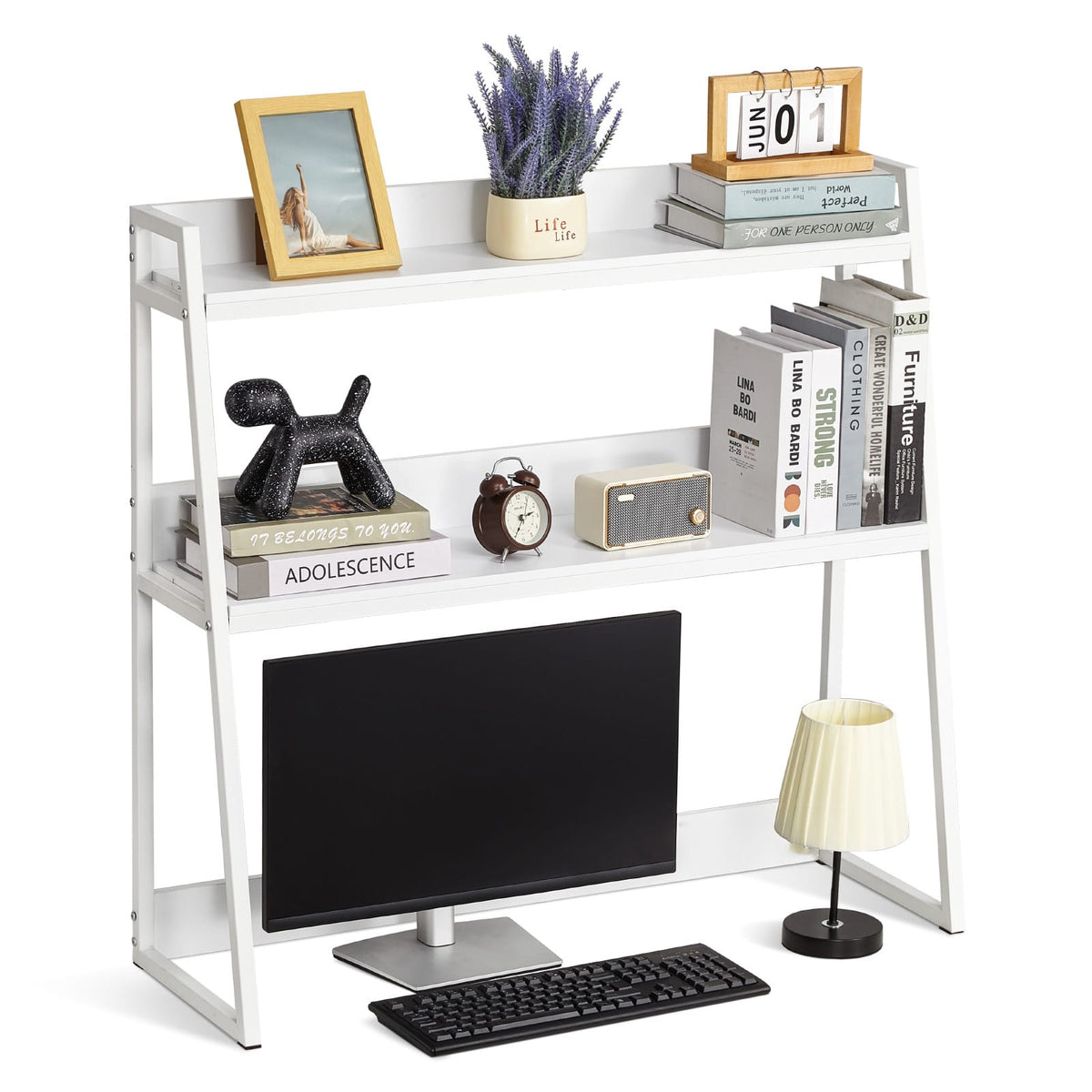 White Metal Desktop Bookshelf - 37.4" Storage Rack for Living Room