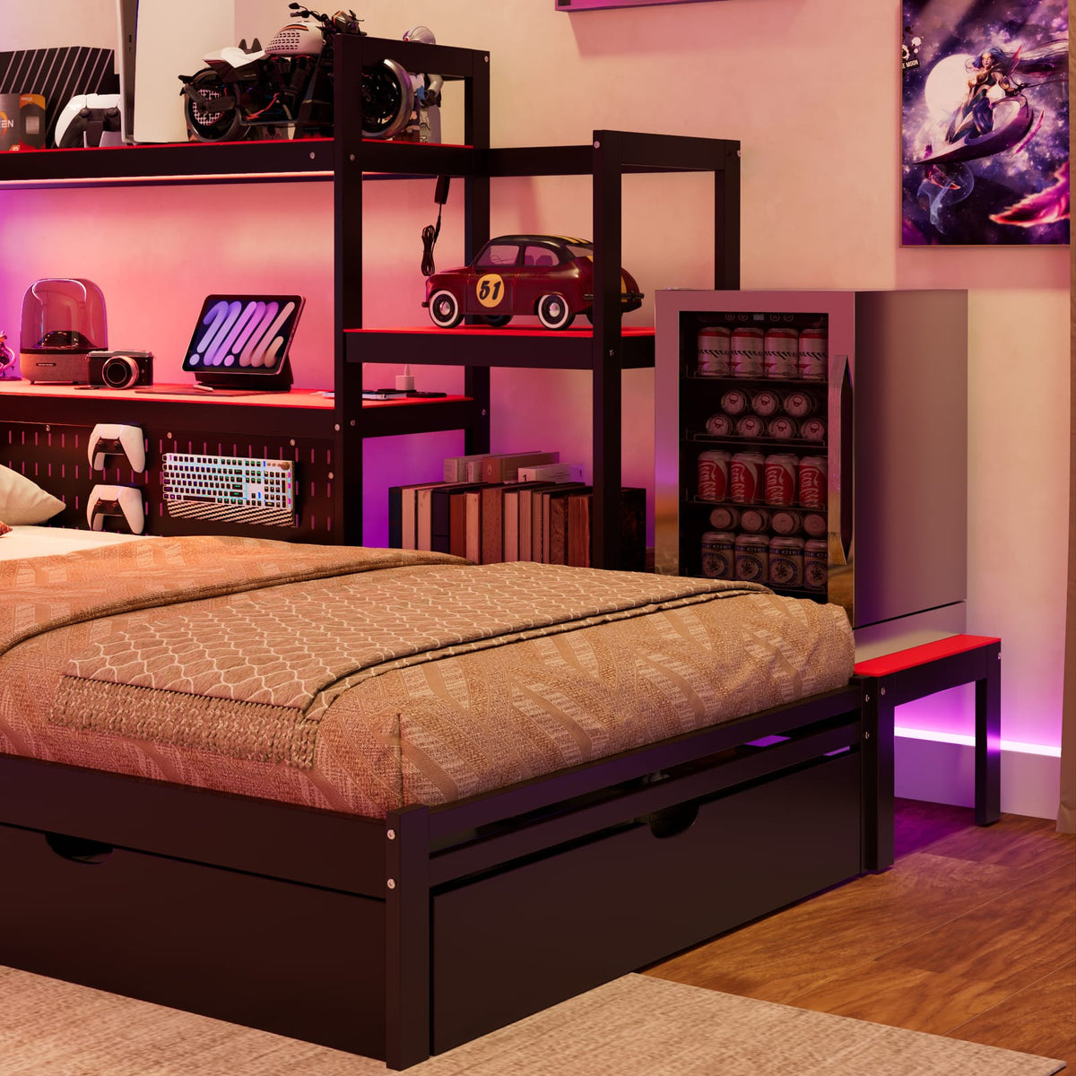 Twin Size Gaming Daybed Black+Red MDF Frame with LED Lights