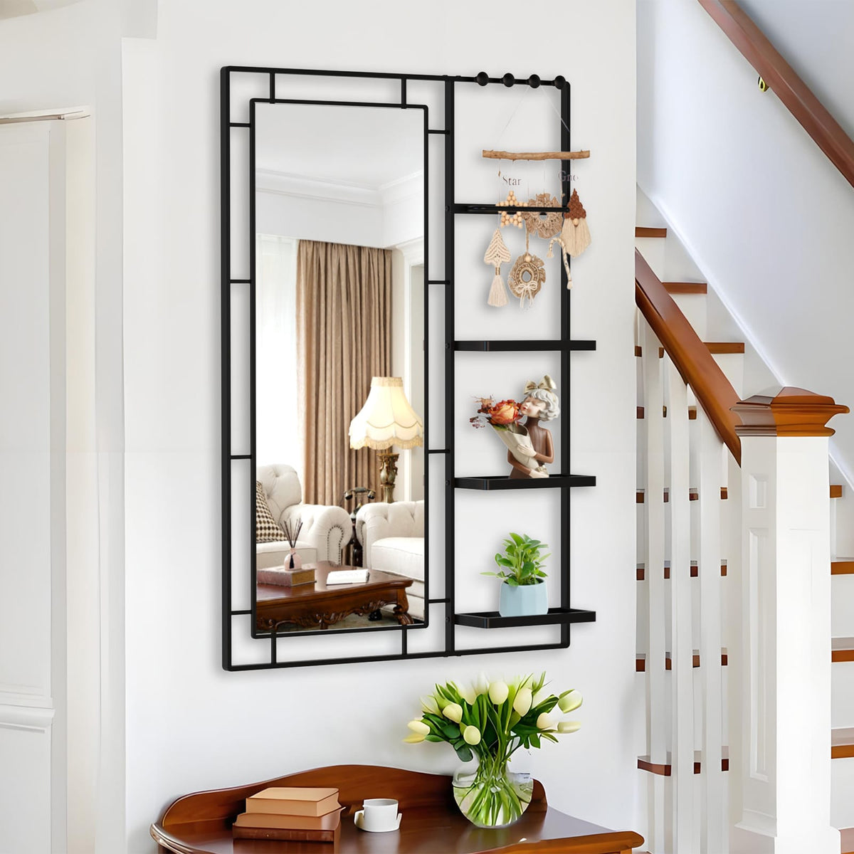 30x44 Ines Modern Vanity Mirror - Black Frame, Multi-functional Shelf