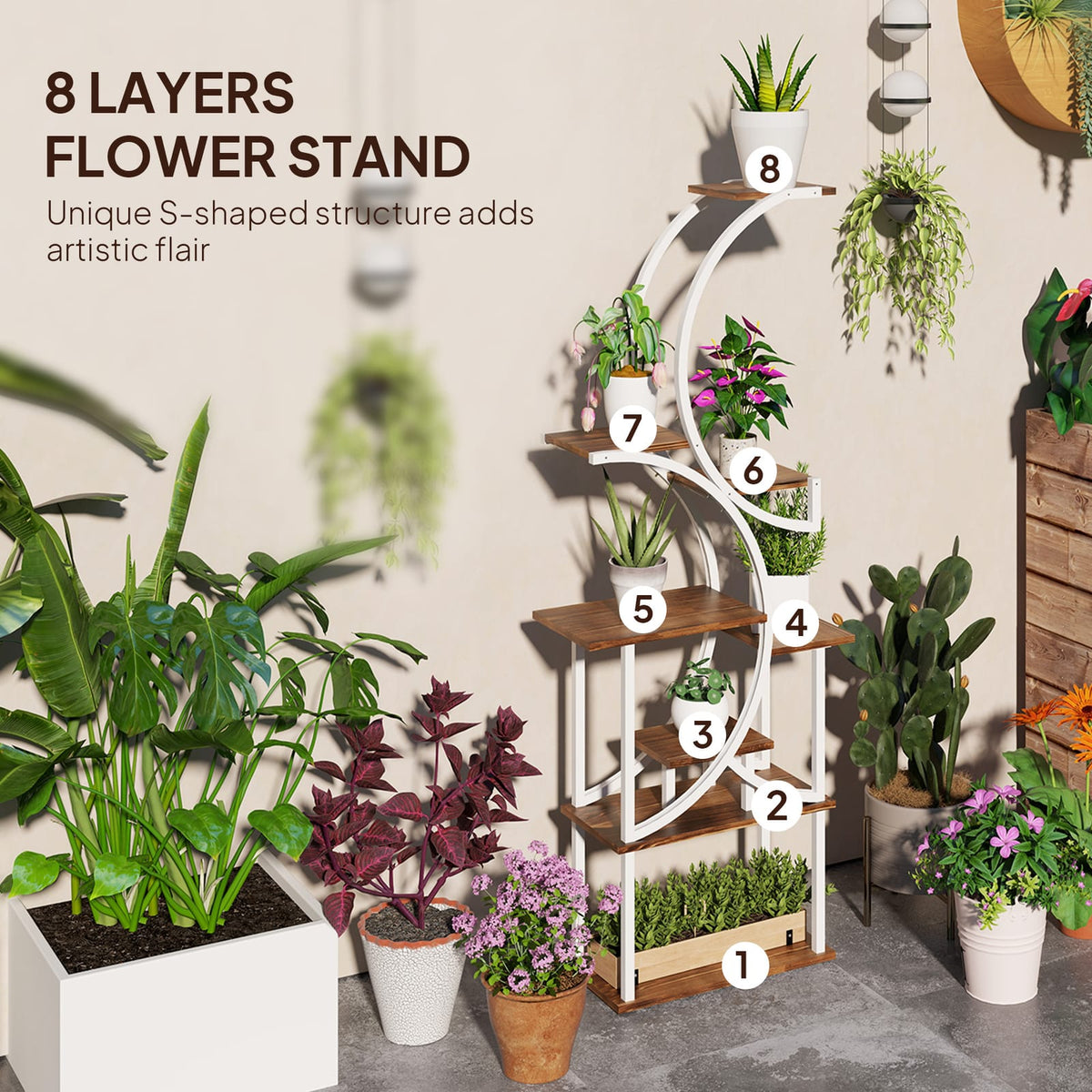 Outsunny 8 Tier Plant Stand - Tall Steel & Wood Shelf for Living Room