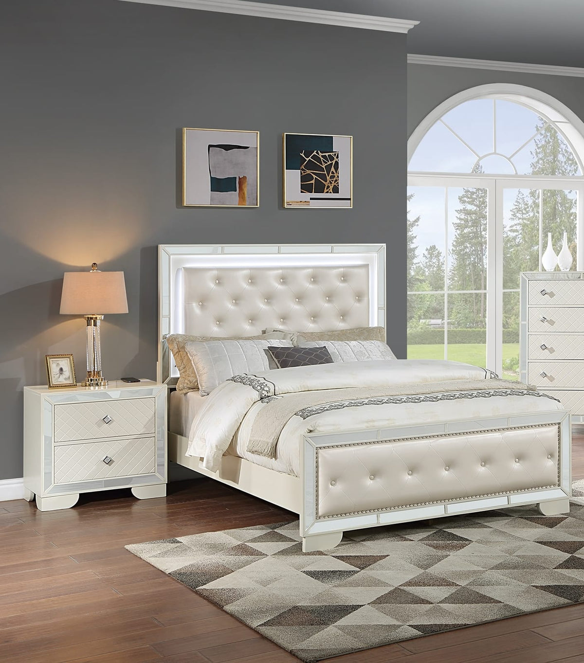 Cream Ivory Tufted Faux Leather Queen Bed w LED Lights - Modern Bedroom Frame