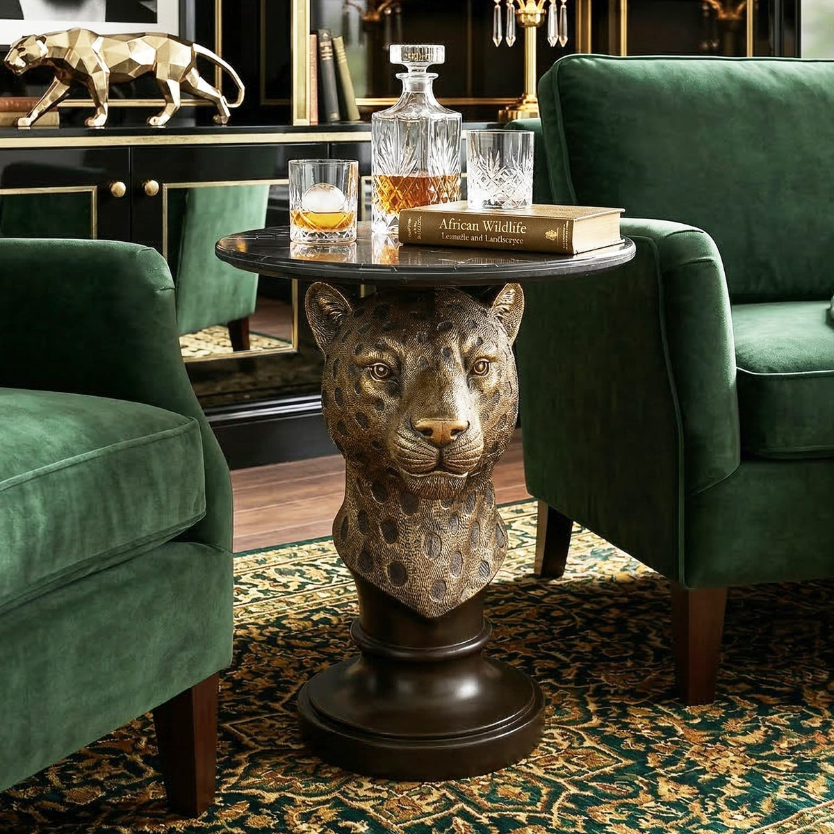 Antique Brown Resin Leopard Head Accent Table