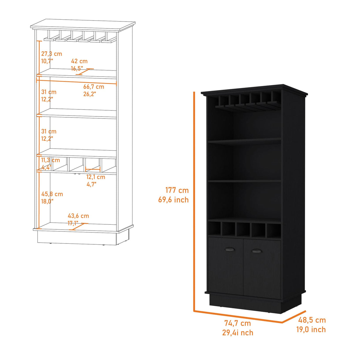 Wenge Bar Cabinet with Glassware Rack - 19"W x 15.7"D x 69.9"H for Living Room