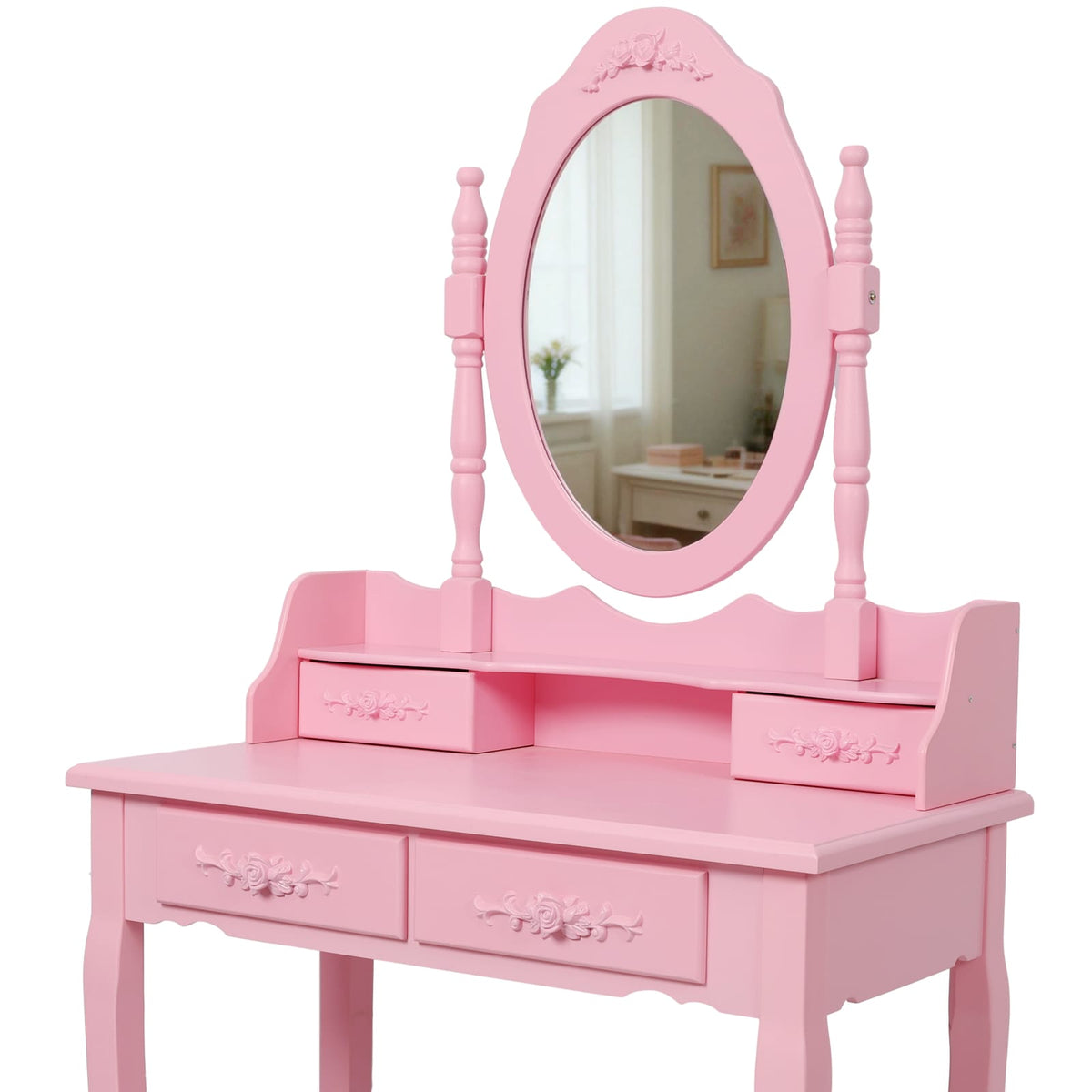 Pink Princess Vanity Desk Set - 4 Drawers, Mirror & Stool