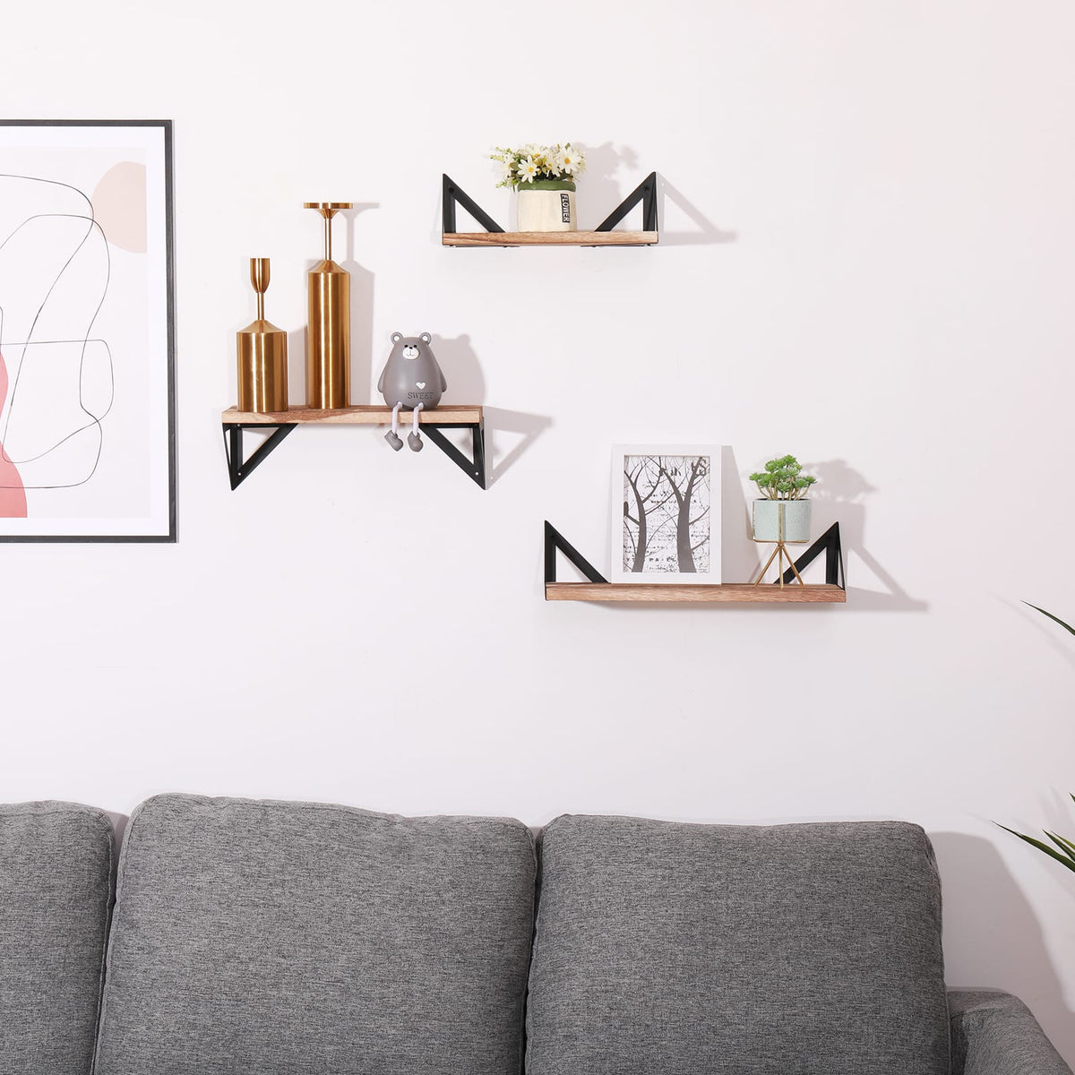 3 Natural Wood Floating Shelves - Bedroom Decor Storage