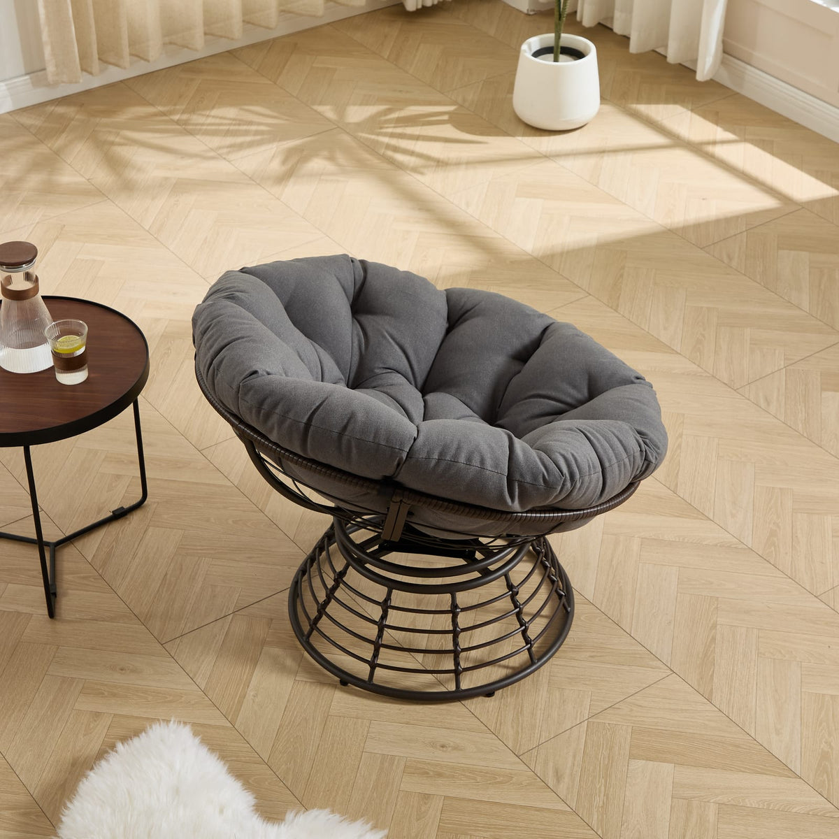 Grey Ergonomic Wicker Papasan Chair - 360° Swivel Indoor Outdoor Rattan Seat