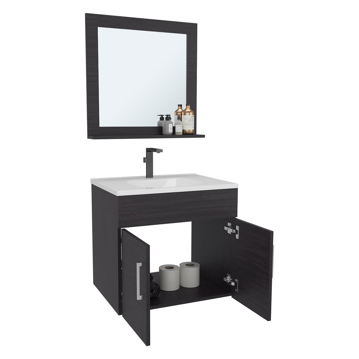 Black Bathroom Vanity with Mirror - Wall Mounted MDF