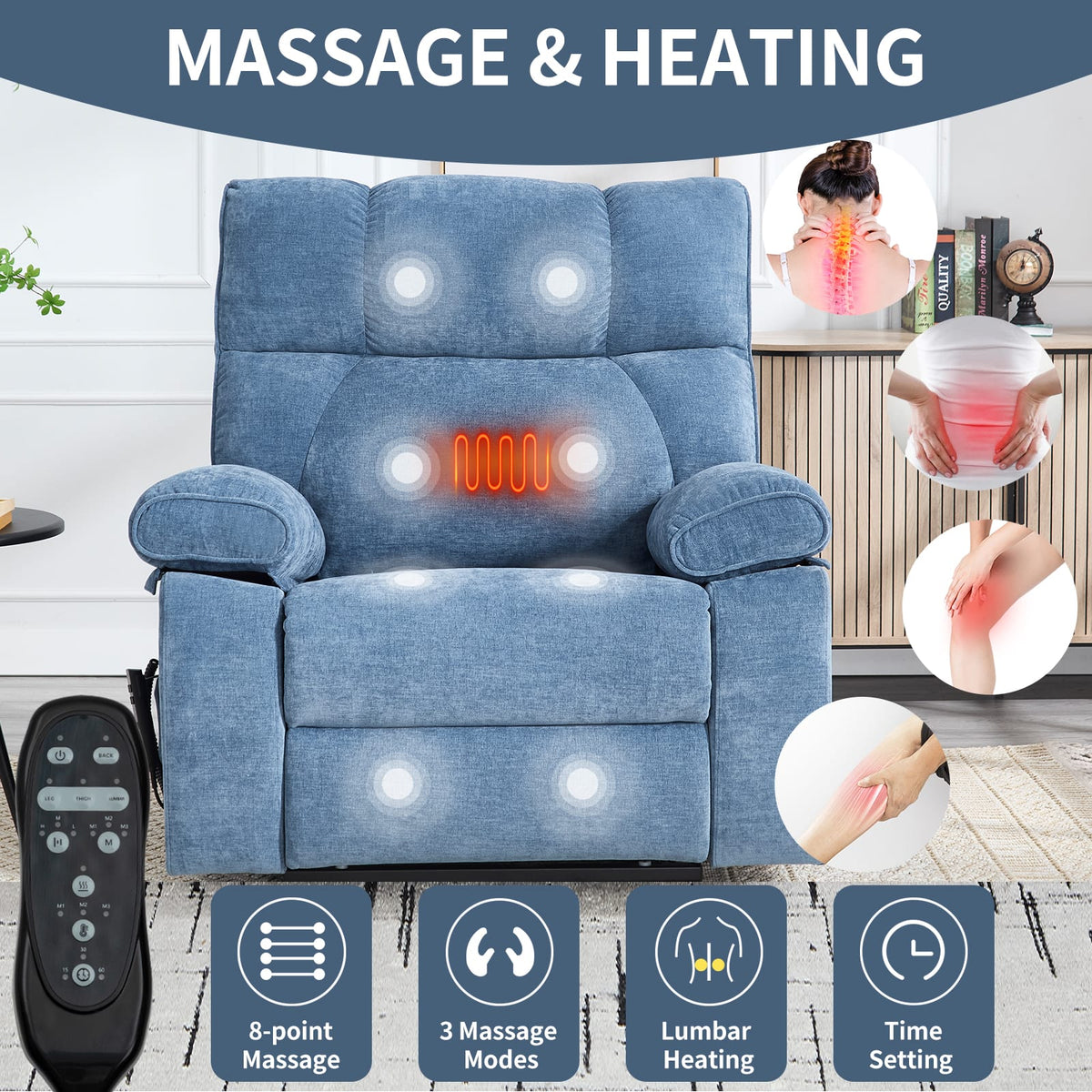 Blue Heat Massage Recliner - Power Lift, 350 Lbs Capacity
