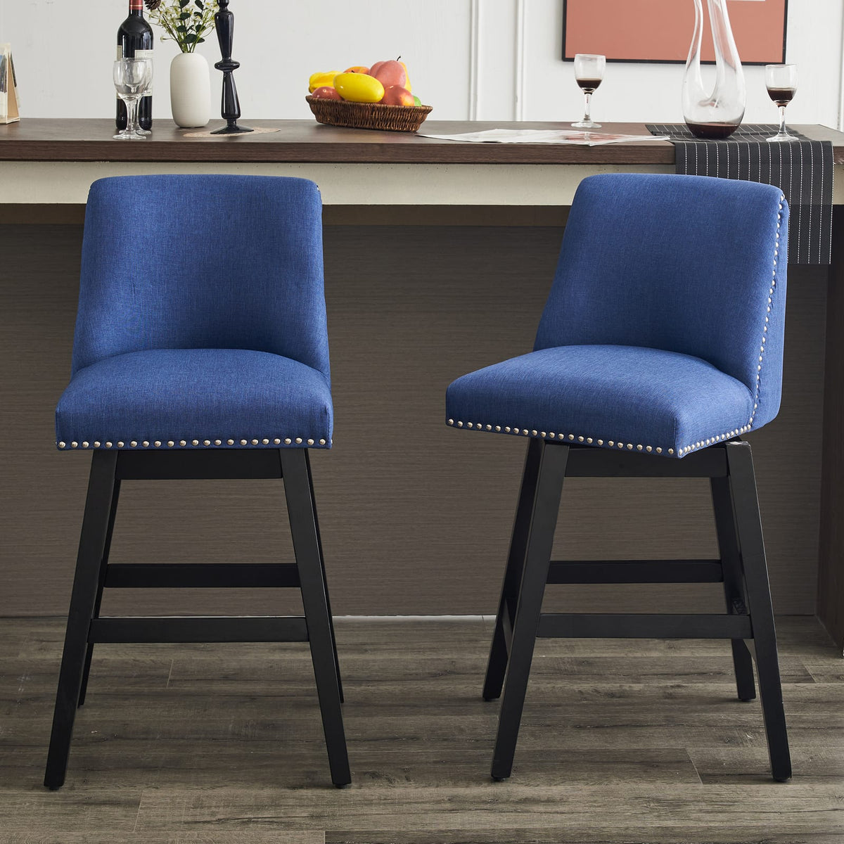 Dark Blue Bar Stools - 2 Swivel Chairs for Kitchen Island