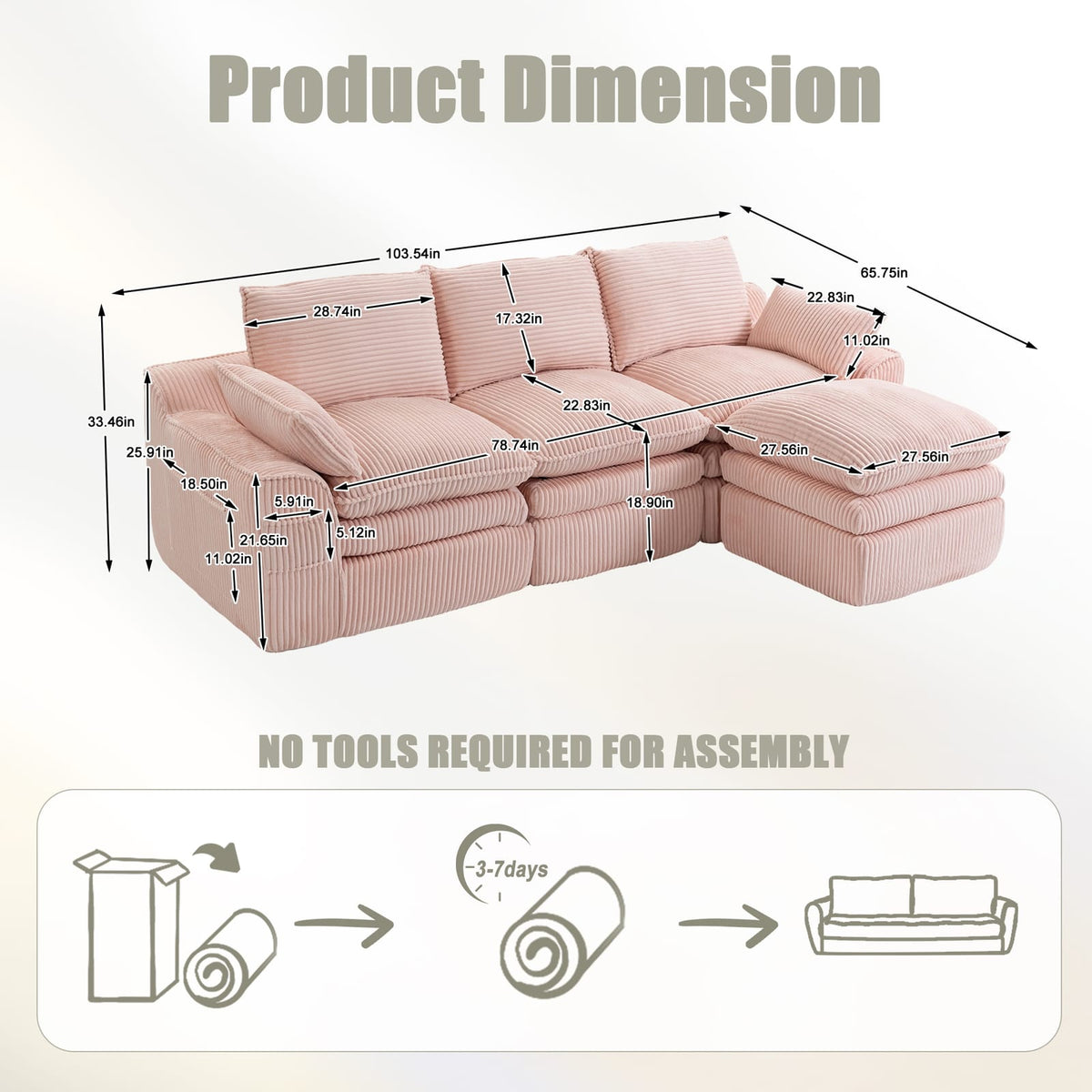Pink Corduroy 3-Seat Sectional Sofa - Plush Comfort for Living Room