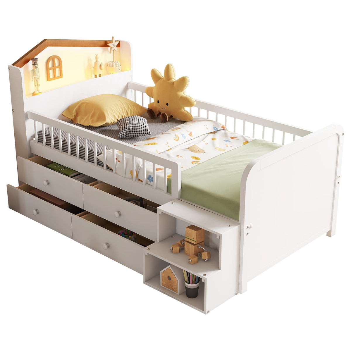 Twin Loft Bed with LED Lights - White Pine Kids Bed