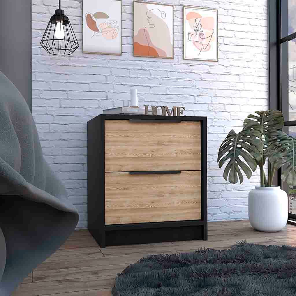 Black and Pine Nightstand with Two Drawers - 19 H