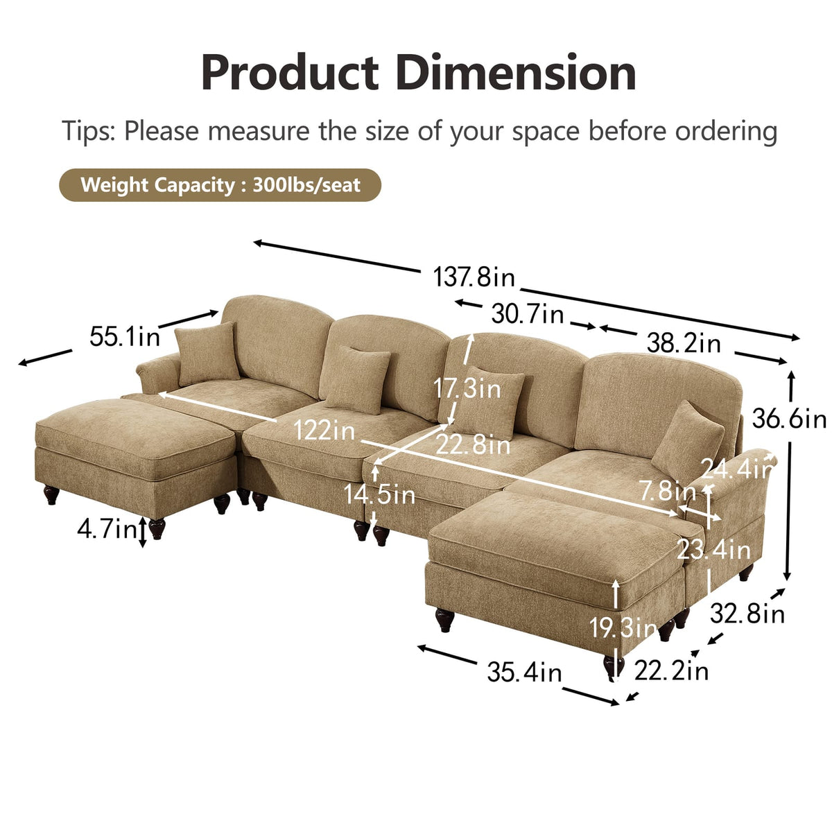 Light Coffee Chenille 4 Seat Sectional Sofa Couch for Living Room