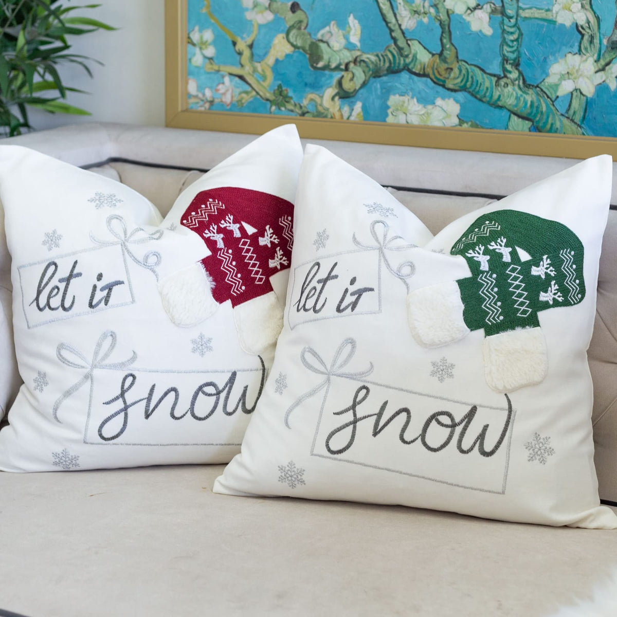Let It Snow Christmas Throw Pillow Cozy Red Knit Design
