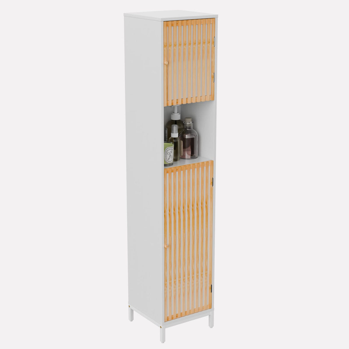 Bathroom Tall Cabinet - White+Natural Bamboo