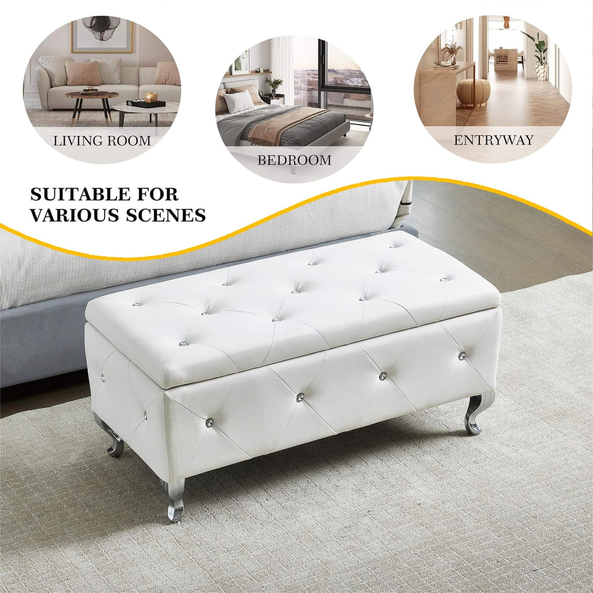 White PU Storage Bench - Bedroom Footrest with Crystal Buttons