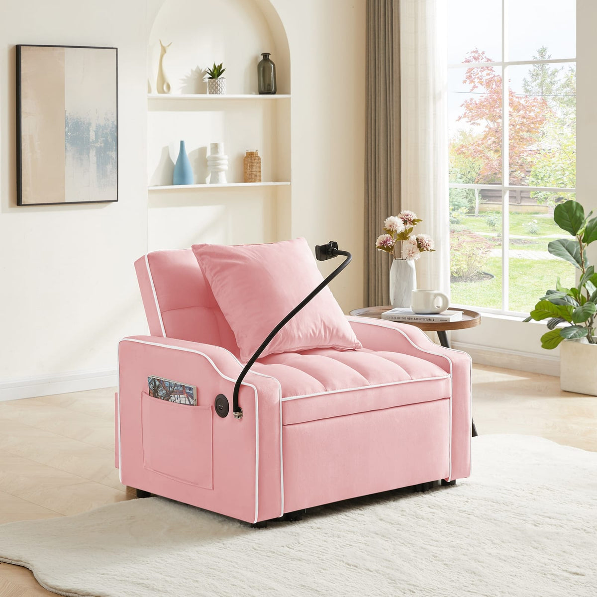 Living Room Pink Velvet Sleeper Sofa Chair Bed - 3-in-1 Convertible with Phone Holder