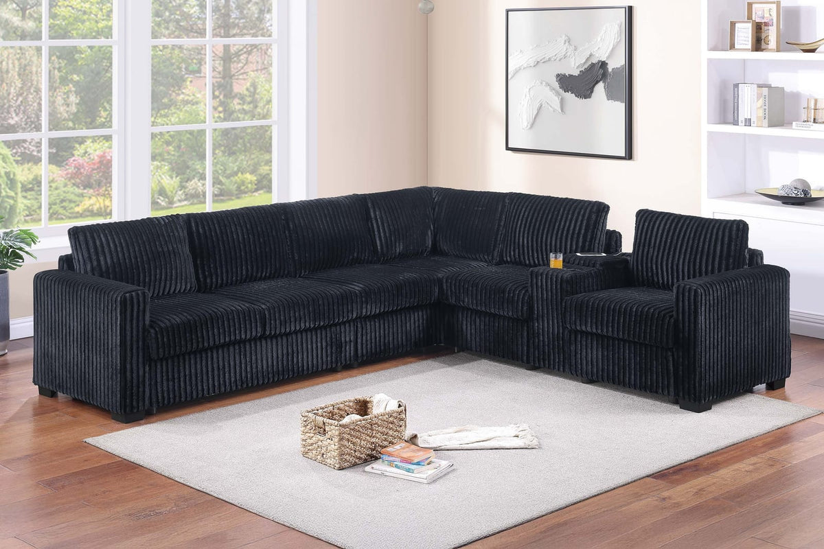 5-Seat Black Corduroy Sectional Sofa - Modern Living Room