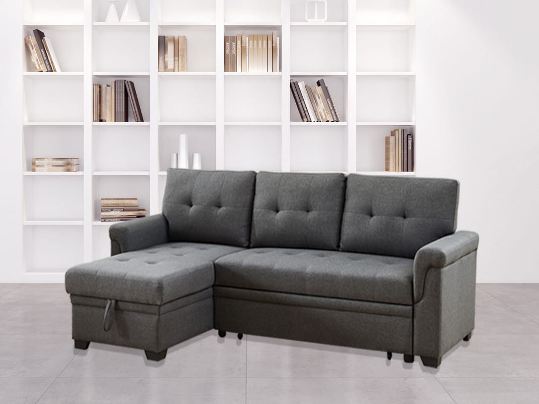 Dark Gray Linen 3 Seat Reversible Sleeper Sectional for Living Room