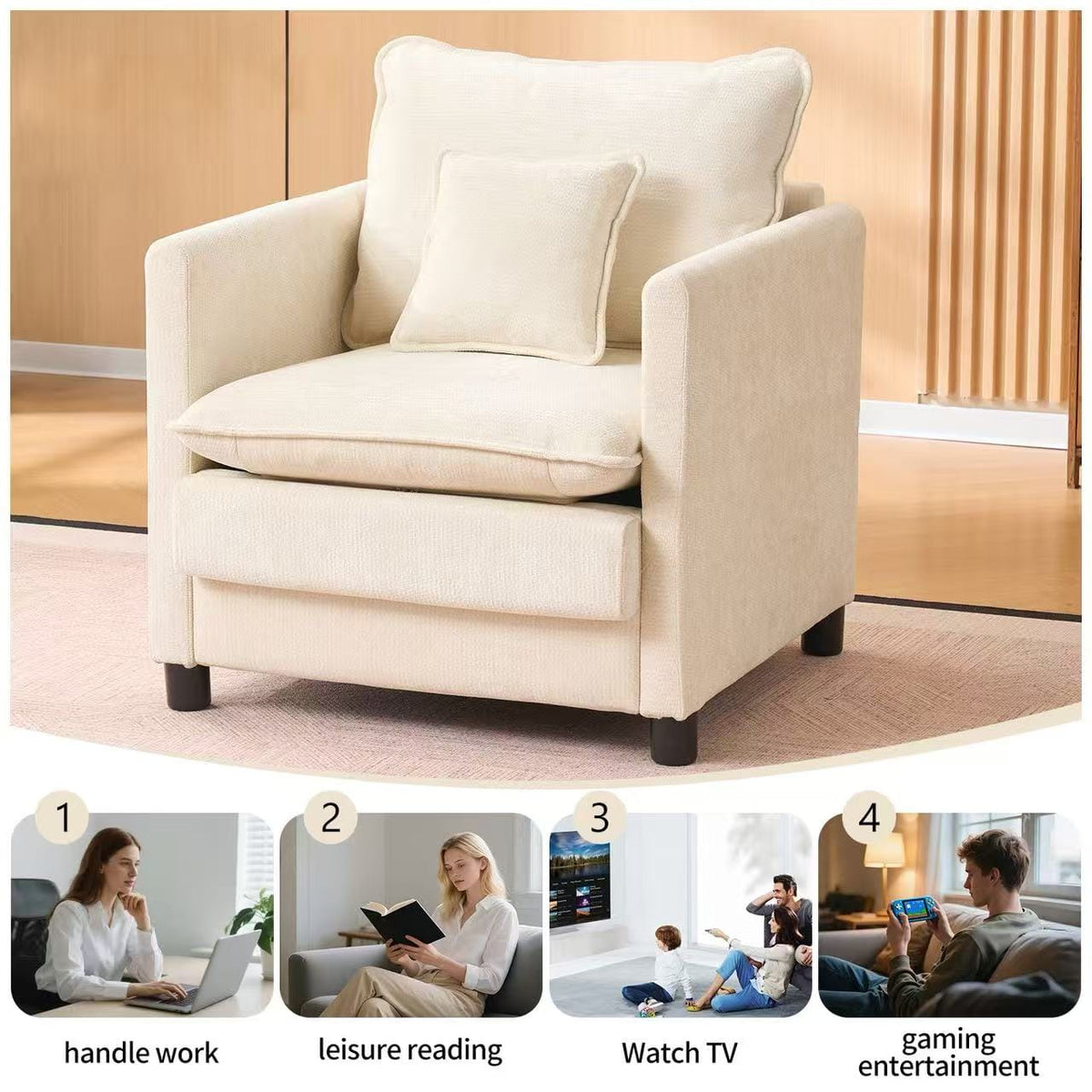 Beige Fabric Single Sofa Chair - 28.75" Reading Armchair for Living Room