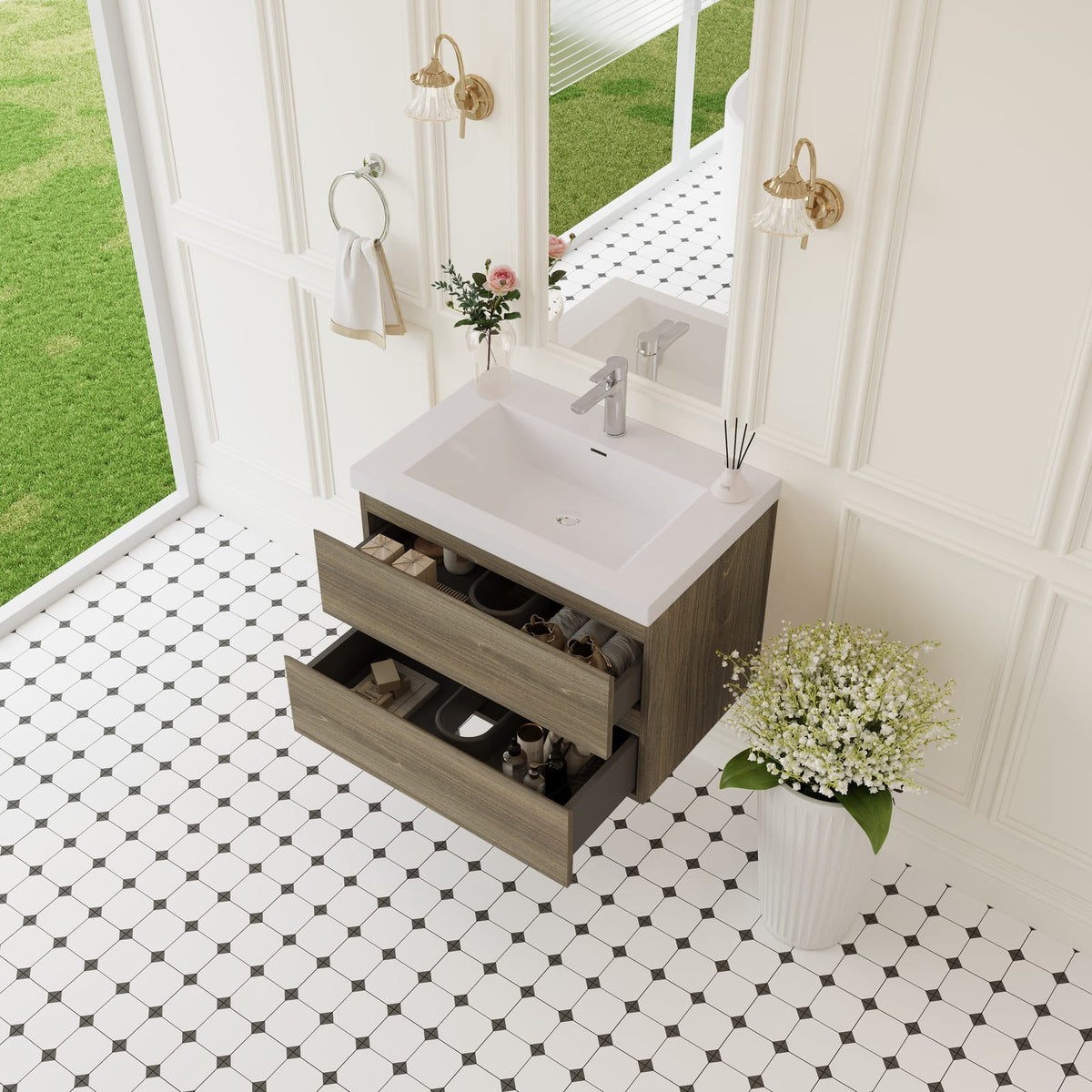 29.5 Inch Grey Floating Bathroom Vanity with Resin Countertop