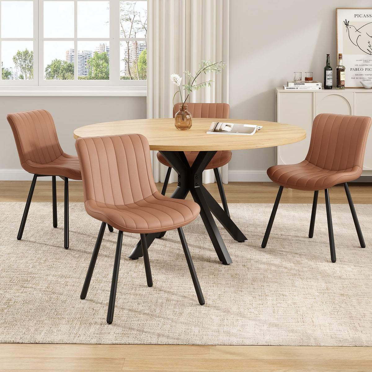 47 Inch Round Metal & Wood Dining Table - Natural