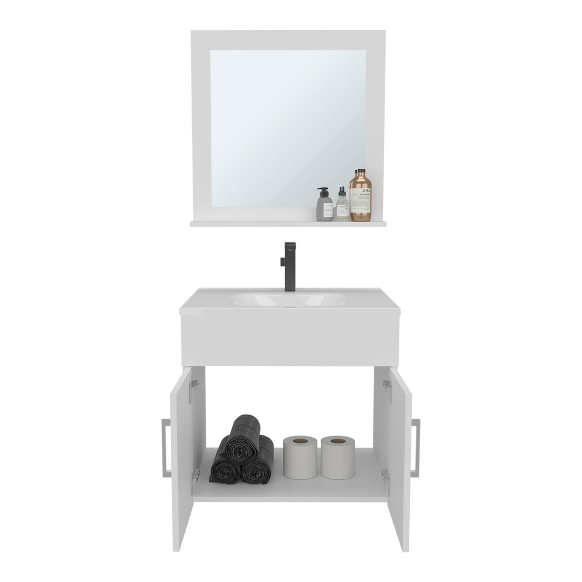 White Bathroom Vanity with Mirror - Wall Mounted Storage