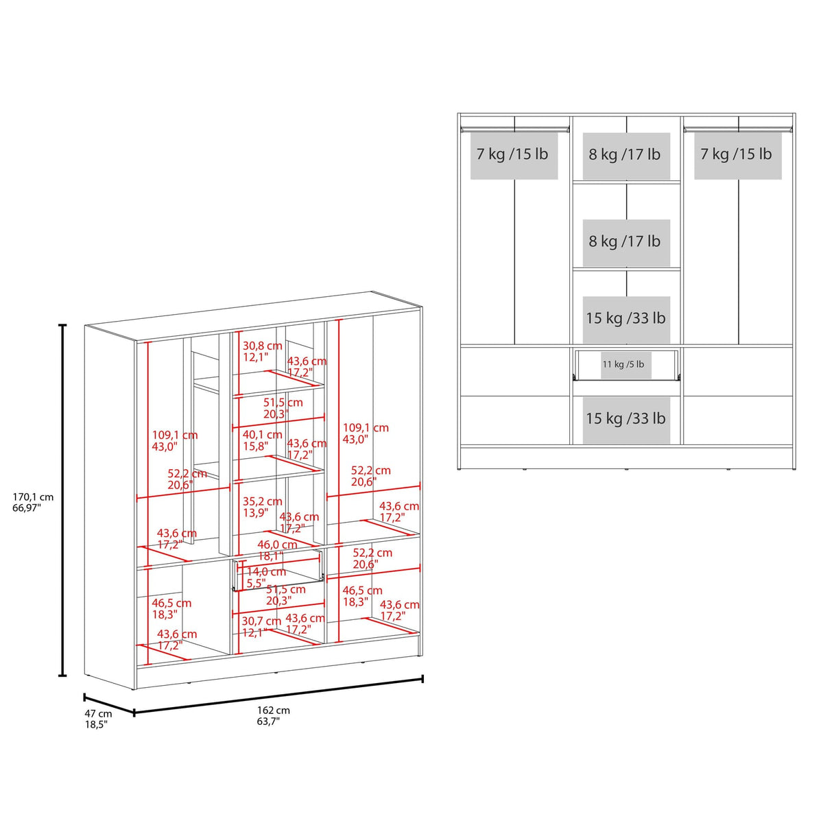 White 6-Door Wardrobe with Shelf and Drawer - Bedroom Storage